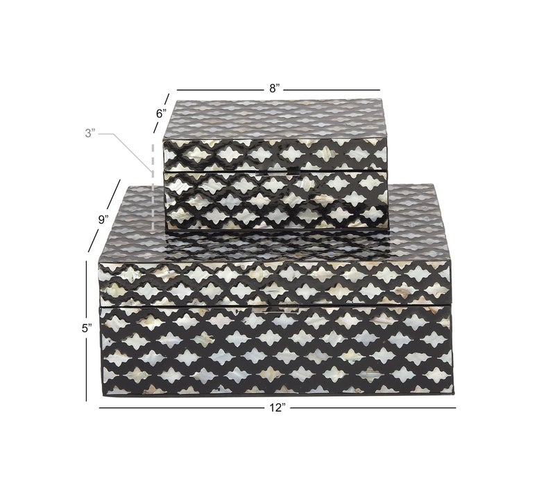 Deco 79 Mother of Pearl Shell Decorative Box Decorative Keepsake Boxes with Hinged Lid, Set of 2 Storage Boxes 12", 8"W, Black - Image 3